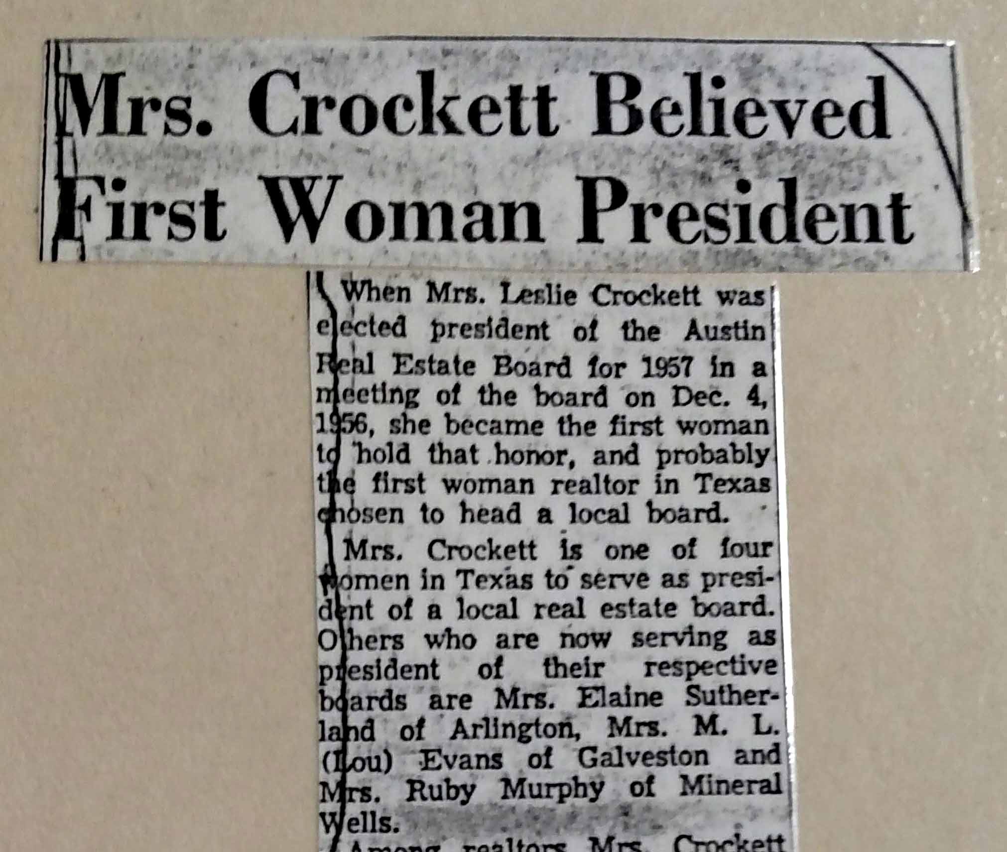 Newspaper Clipping of First Woman President of ABoR, 1957